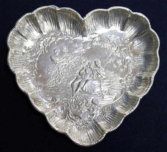 A late 19th/early 20th century German embossed silver heart shaped pin dish, 4.5in.